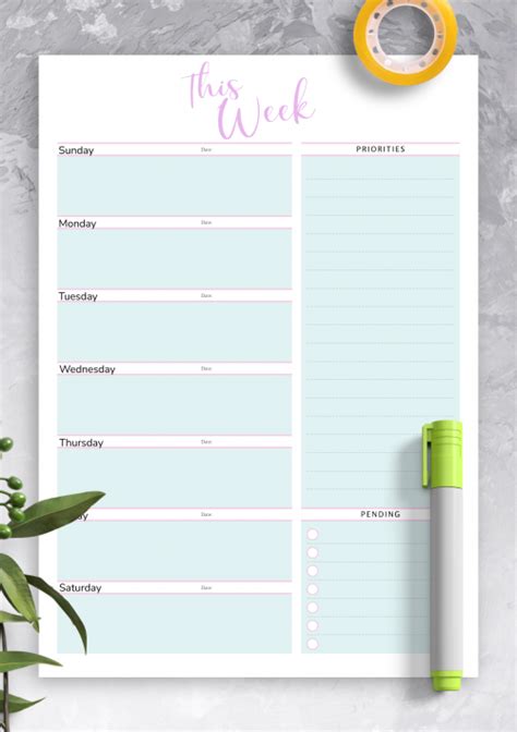 Week at a glance templates - Download PDF