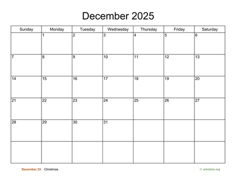 Basic Calendar for December 2025 | WikiDates.org