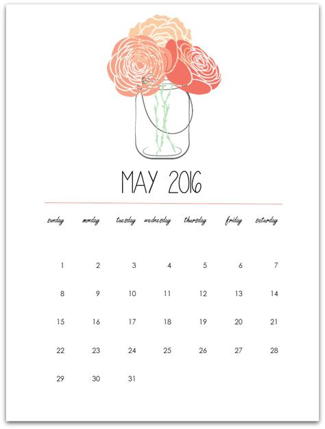 May Calendar Page Printable - Mason Jar Crafts Love