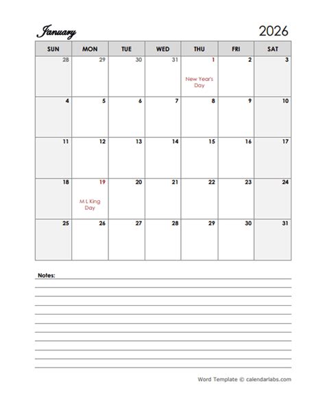 2026 Word Calendar Template With Notes - Free Printable Templates