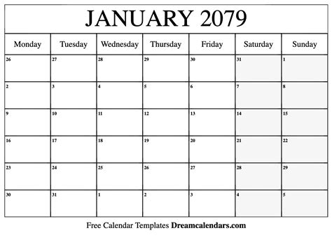 January 2079 Calendar - Free Printable with Holidays and Observances