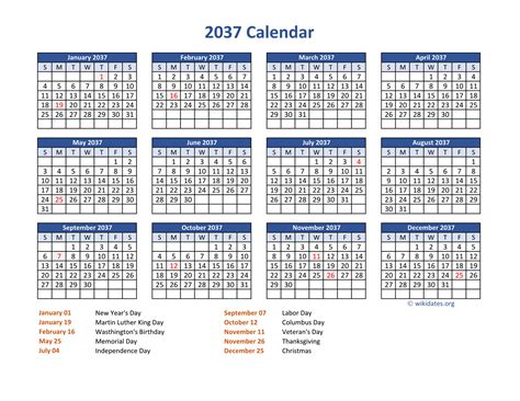PDF Calendar 2037 with Federal Holidays | WikiDates.org