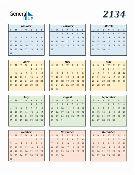 Free 2134 Calendars in PDF, Word, Excel