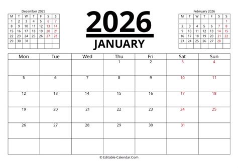 Download January 2026 Printable Calendar With Previous And Next Month ...