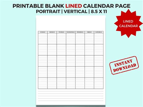 Blank Lined Calendar Page. Printable Monthly Calendar. Planner - Etsy