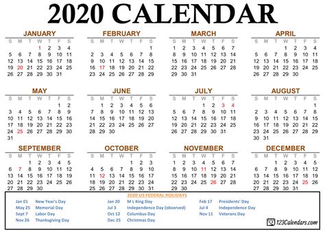 Free Printable 2020 Calendar | 123Calendars.com