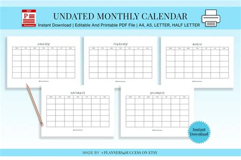 Printable Undated Calendar Editable Monthly Planner Monthly - Etsy UK ...