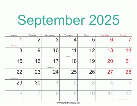 September 2025 Calendar Printable with Holidays | Whatisthedatetoday.Com