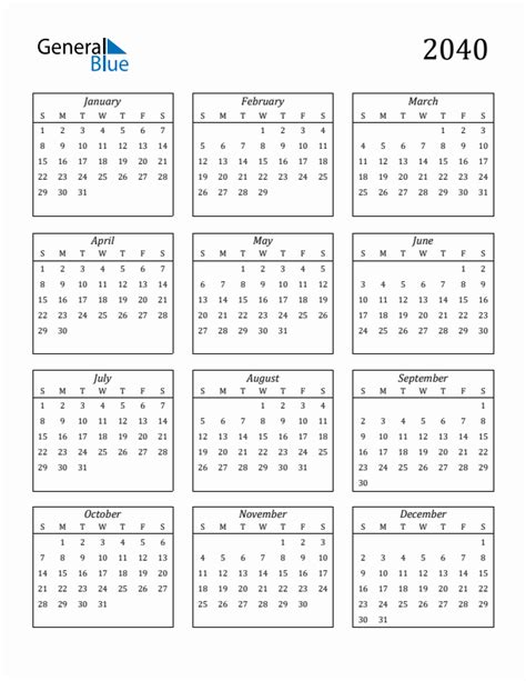 Free 2040 Calendars in PDF, Word, Excel