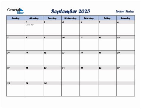 September 2025 Monthly Calendar Template with Holidays for United States