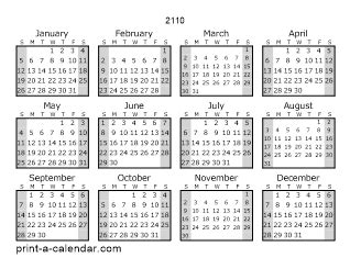 2110 one page yearly calendar with shaded weekends