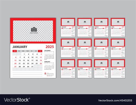 Calendar 2025 template set on red background Vector Image