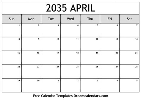 April 2035 Calendar - Free Printable with Holidays and Observances