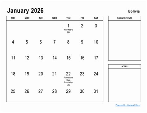 January 2026 Planner with Bolivia Holidays