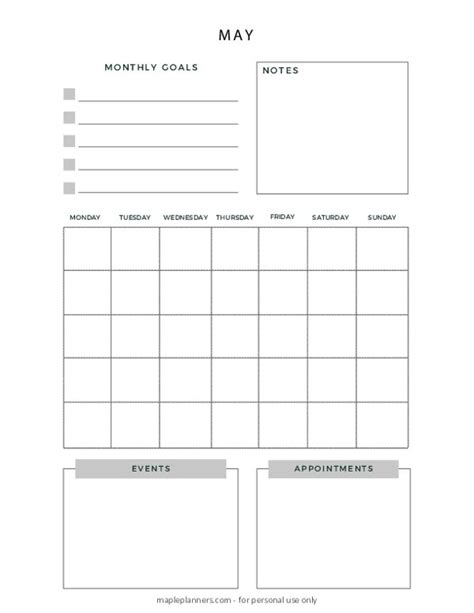 May Monthly Planner with Goals