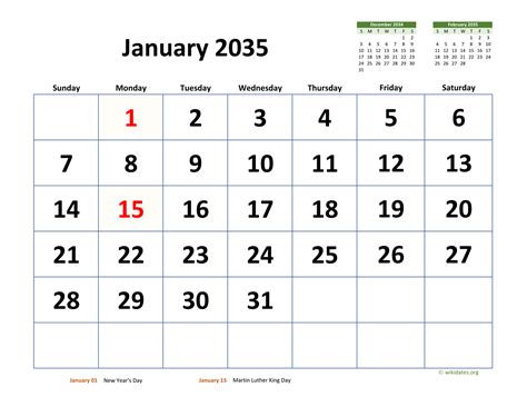 January 2035 Calendar with Extra-large Dates | WikiDates.org