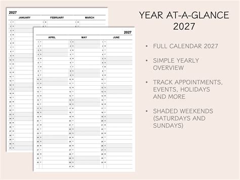 Printable Yearly Planner Calendar 2027, Yearly Overview 2027, Year At-a ...