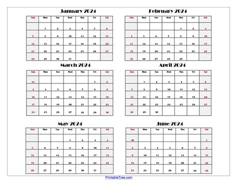 Six Month Calendar 2024 Printable PDF- 6 Months Calendar Per Page
