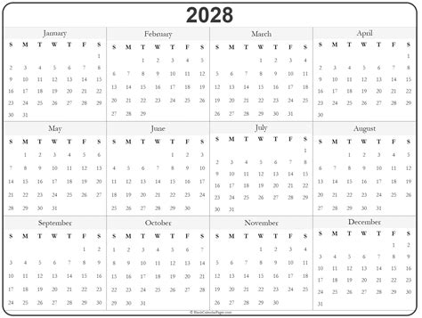 2028 year calendar | yearly printable
