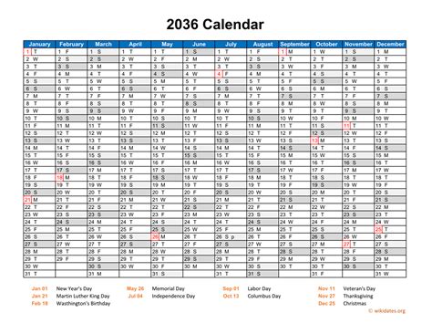 2036 Calendar Horizontal, One Page | WikiDates.org