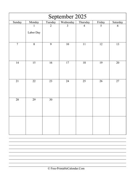September 2025 Editable Calendar with Notes