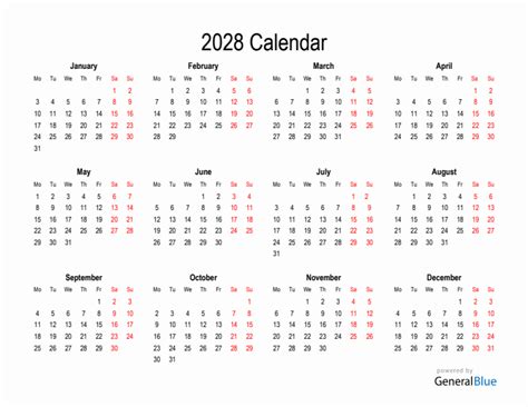 2028 Yearly Calendar Templates with Monday Start