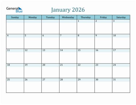 January 2026 Monthly Calendar Template (Sunday Start)