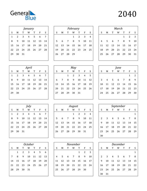 2040 Calendar (PDF, Word, Excel)