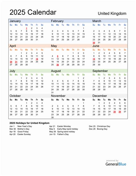 Annual Calendar 2025 with United Kingdom Holidays
