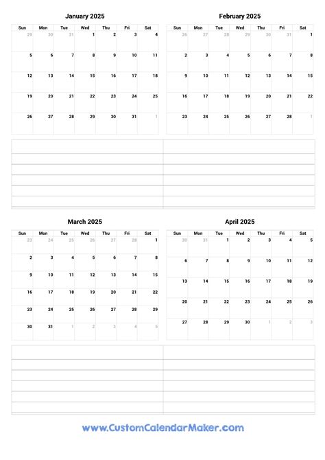 January to April 2025 Printable Calendar | Custom Calendar Maker