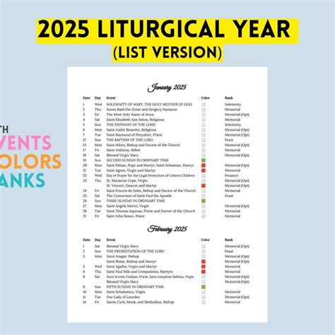 Printable 2025 Liturgical Calendar - Etsy