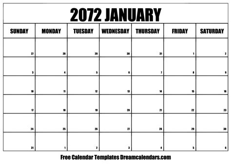 January 2072 Calendar - Free Printable with Holidays and Observances