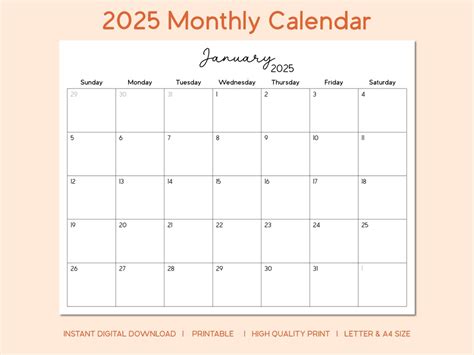 2025 Printable PDF Full Monthly Calendar | Landscape, Letter, A4 ...