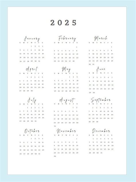 Simple 2025 Gray Yearly Calendar Overview Printable, Sunday Start, Year ...