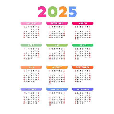 Calendar 2025 Color Calendar Vector, Calendar, 2025, 2025 Calendar PNG ...