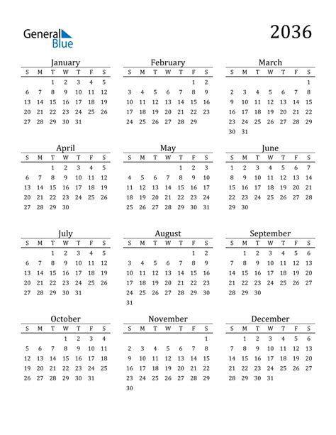 2036 Calendar (PDF, Word, Excel)