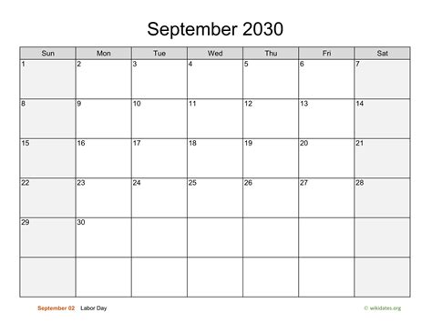September 2030 Calendar with Weekend Shaded | WikiDates.org