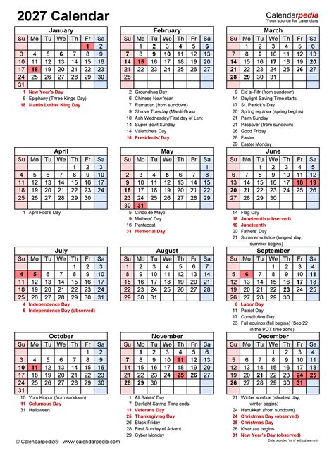 2027 Calendar - Free Printable Excel Templates | Calendarpedia