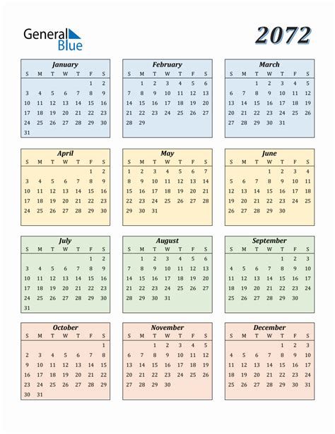 Calendar for Year 2072