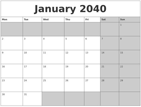 January 2040 Calanders