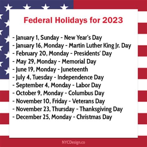 Dates of Federal Holidays for 2023 – NYCDesign.co: Printable Things