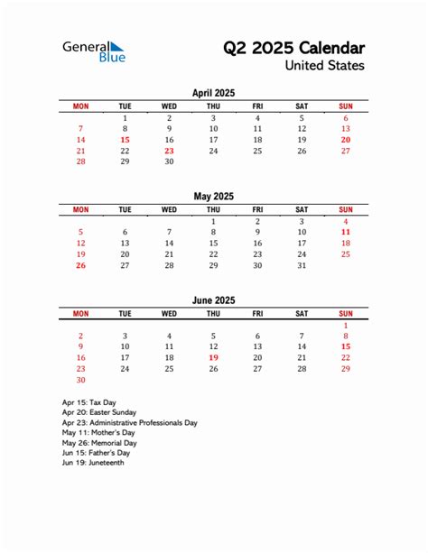 Q2 2025 Monday Start Quarterly Calendar with United States Holidays