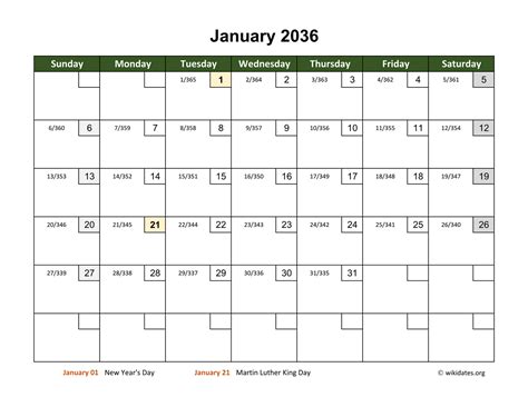 Monthly 2036 Calendar with Day Numbers | WikiDates.org