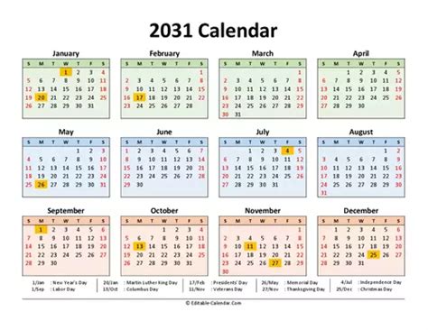 2031 Calendar with US holidays, Editable in Excel, Word, PDF