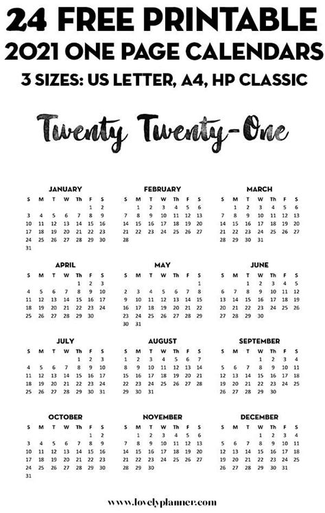 24 free printable one page calendars for 2021 lovely planner – Artofit