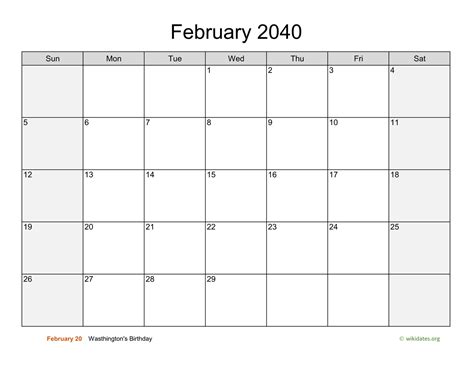 February 2040 Calendar with Weekend Shaded | WikiDates.org