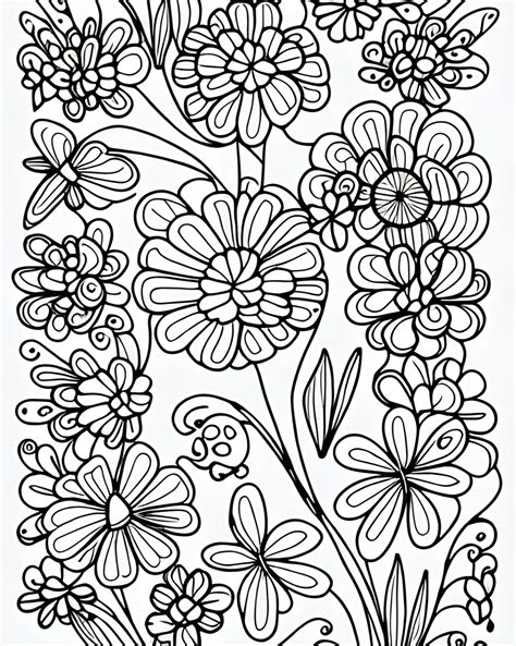Butterflies and Flowers Coloring Page Black and White Illustration ...