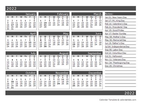Calendar 2022 Printable One Page