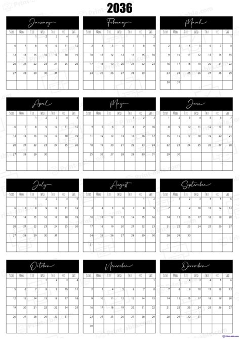 2036 Calendar Printable 1702 | Print-able.com