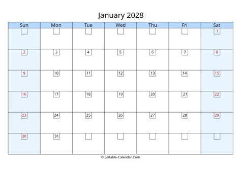Download Editable 2028 Calendar January, weeks start on Sunday